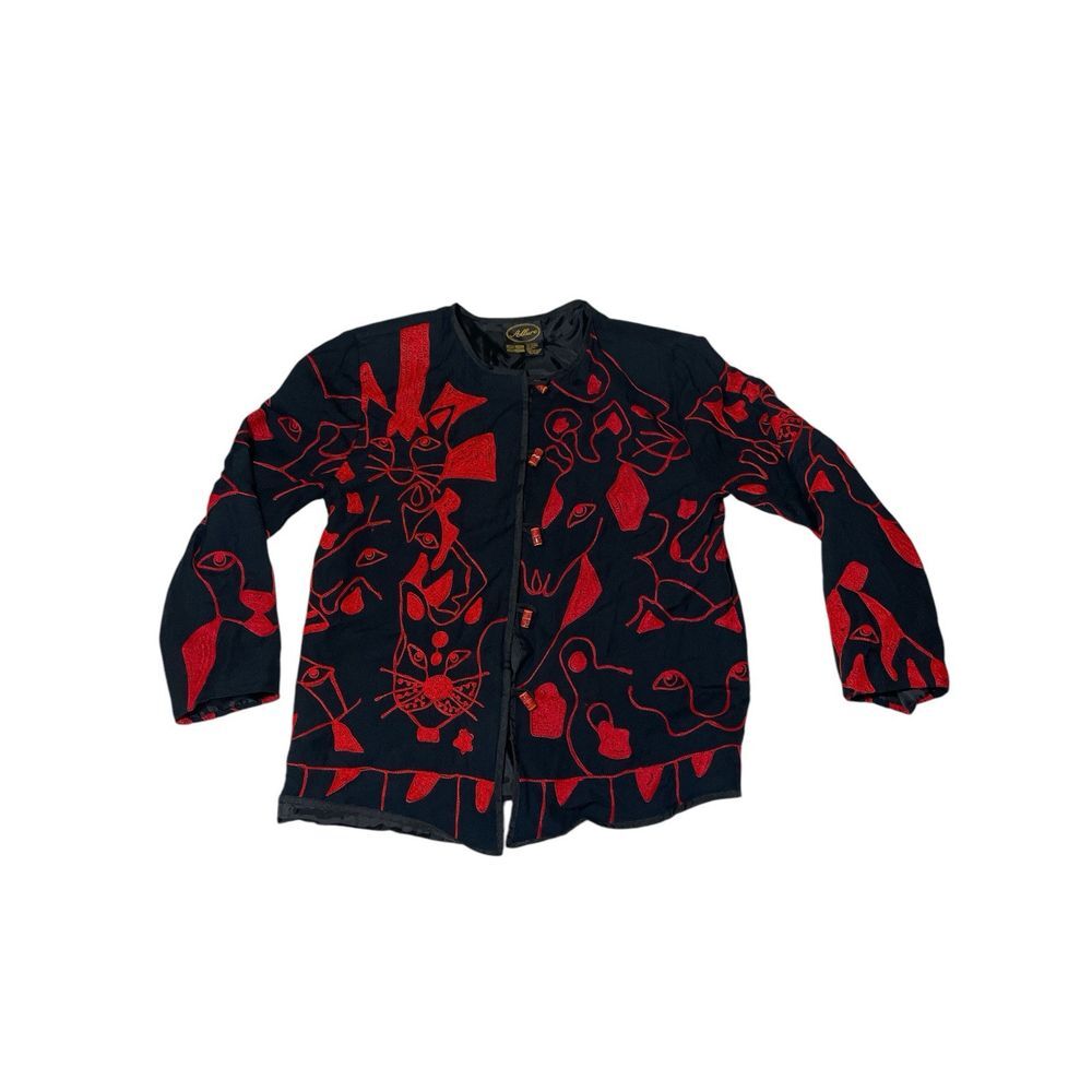 Allure Vintage‎ Jacket Embroidered Barrel Button/Loop Missy Medium Black/red